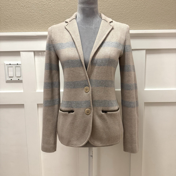 New Talbots Thick Sweater Jacket blazer Size:PP(XS) Button Pockets Beige Blue - Picture 2 of 16